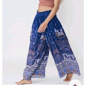 Free People Womens Boho Printed Gold Dust Flowy Wide Leg Pants  Hippie Size MED